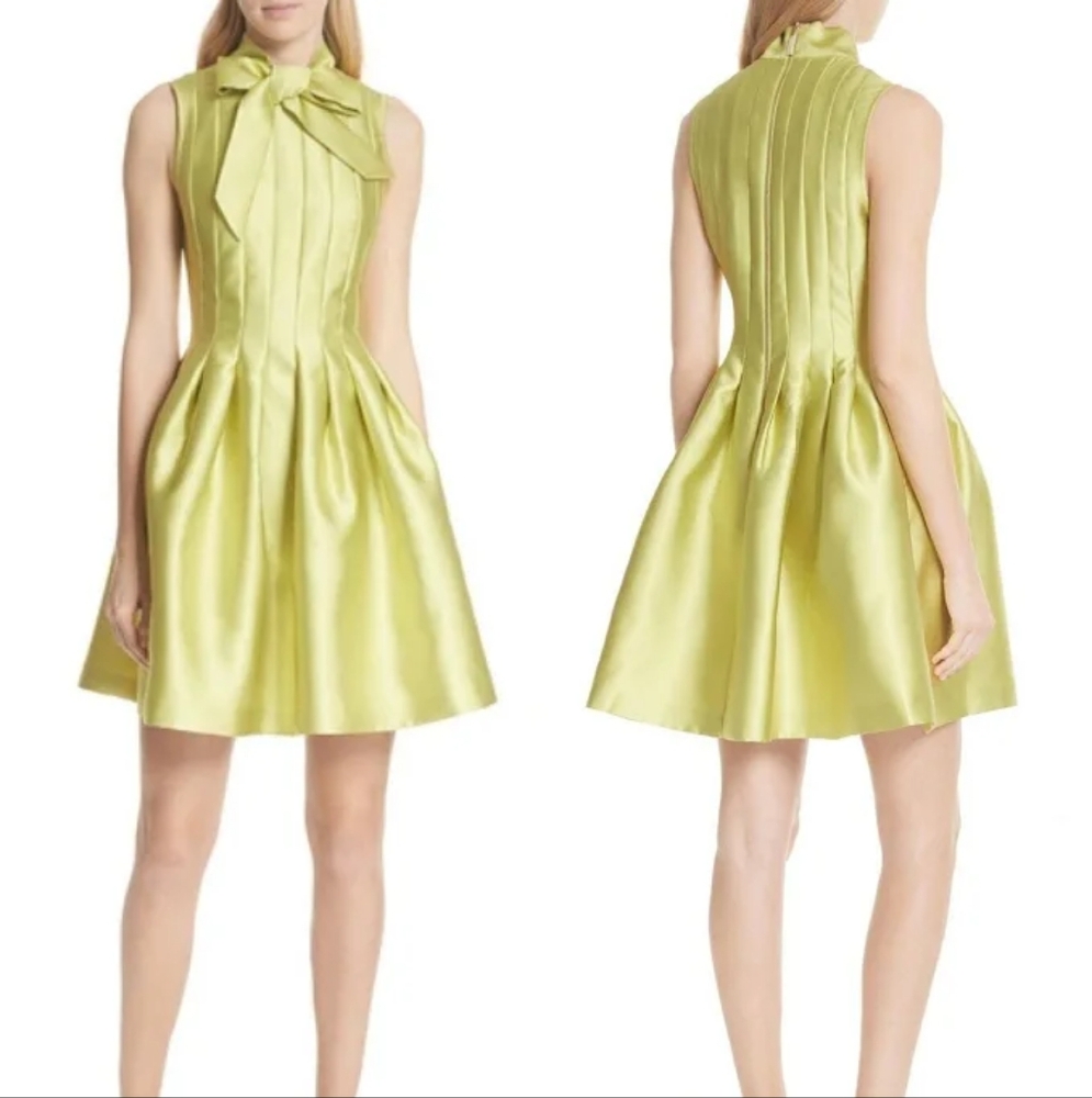 Ted Baker Doora Satin Bow Fit & Flare Mini Dress Bright Green Sz 2 UK Size 1